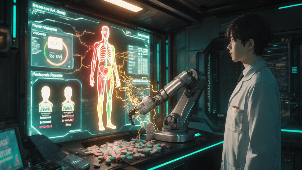 AI interface projecting color-coded gene markers and drug data in a futuristic pharmacy control room.