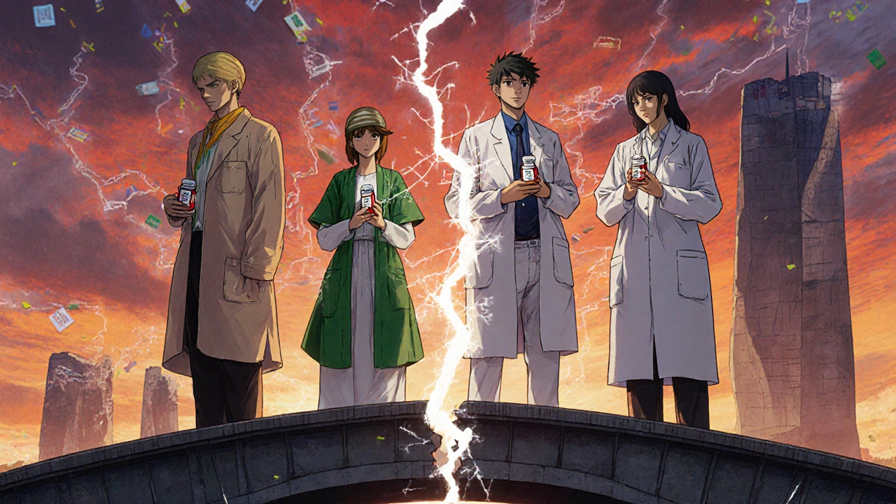 Diverse pharmacists repairing a broken global supply chain bridge with threads of light, symbolizing unity and resilience.