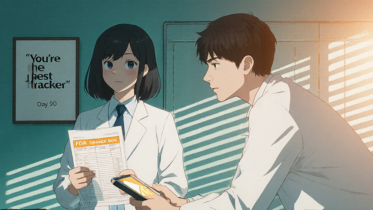 Doctor and patient reviewing symptom log at 90-day review, FDA BX warning visible on tablet.