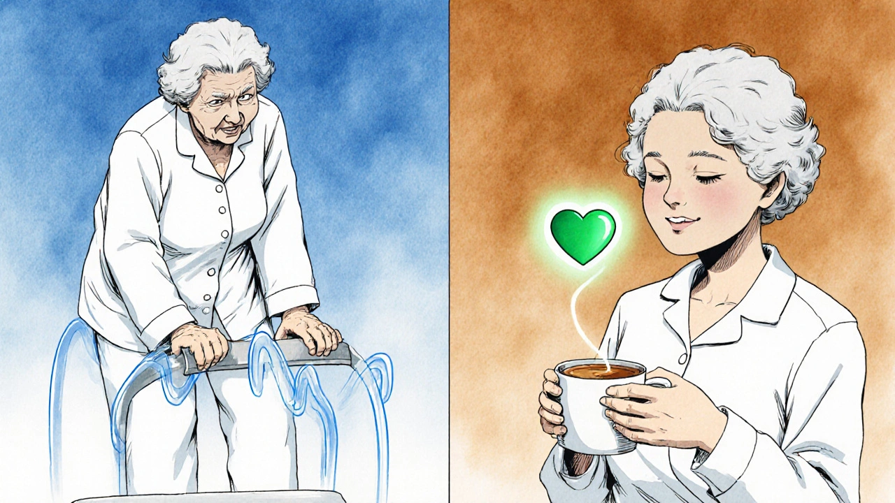 Elderly woman experiencing dizziness from low blood pressure on one side, calm and safe on the other with cetirizine pill glowing.