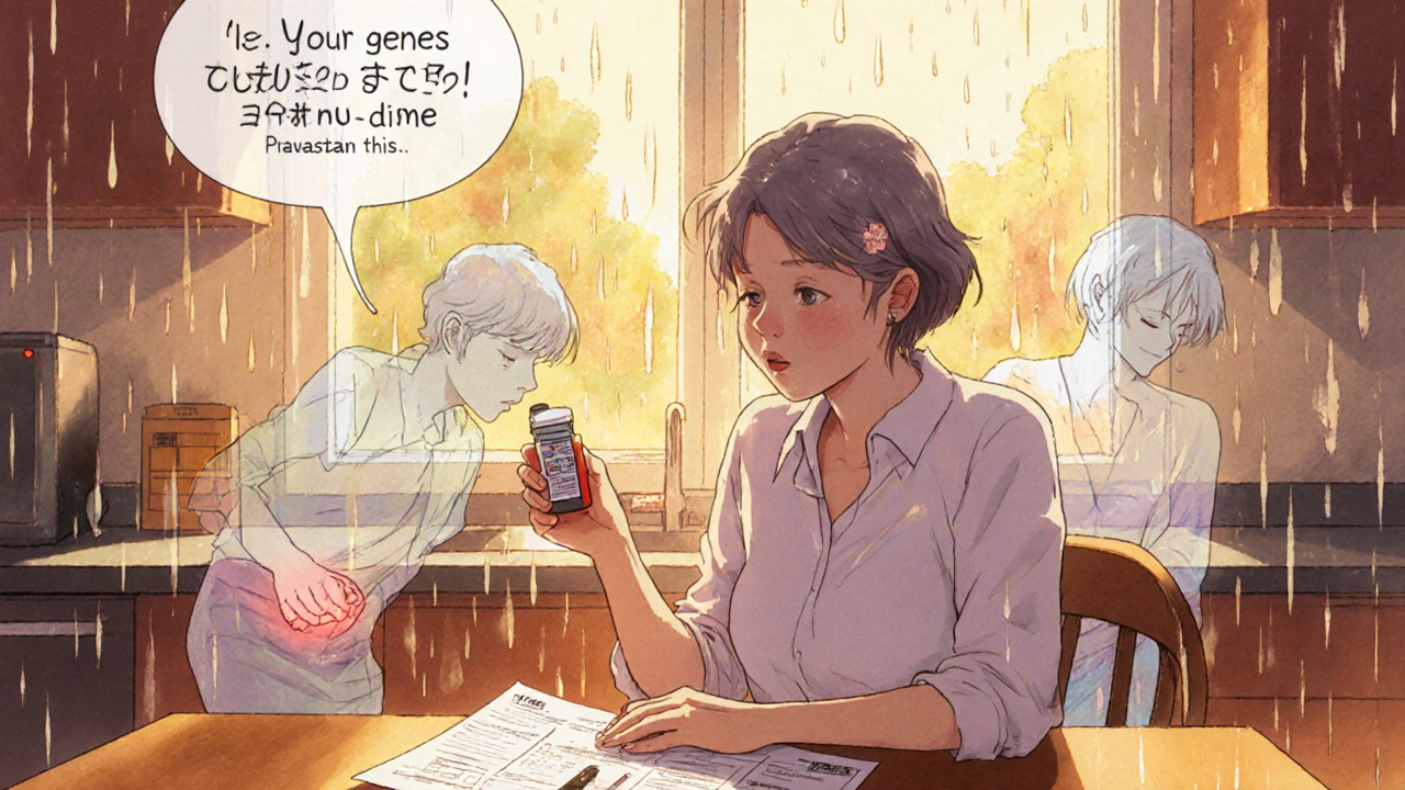 Elderly woman smiling with correct generic statin bottle as faded images of past pain disappear behind her.