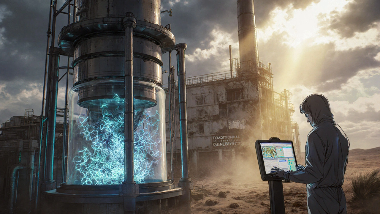 Futuristic biosimilar bioreactor facility in a desert with glowing protein strands and technicians monitoring holograms.