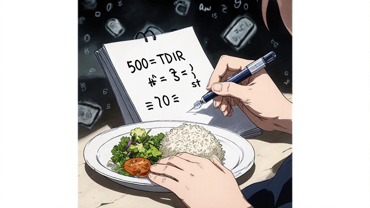 Hands calculating insulin dose for a meal, with carb math and insulin pen in view.
