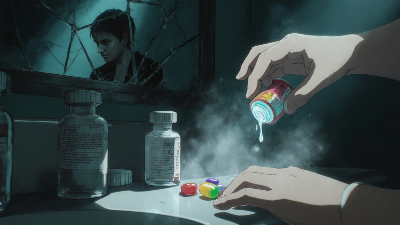 Humid bathroom counter with open pill bottles and a child&#039;s hand near a gummy vitamin, steam rising.