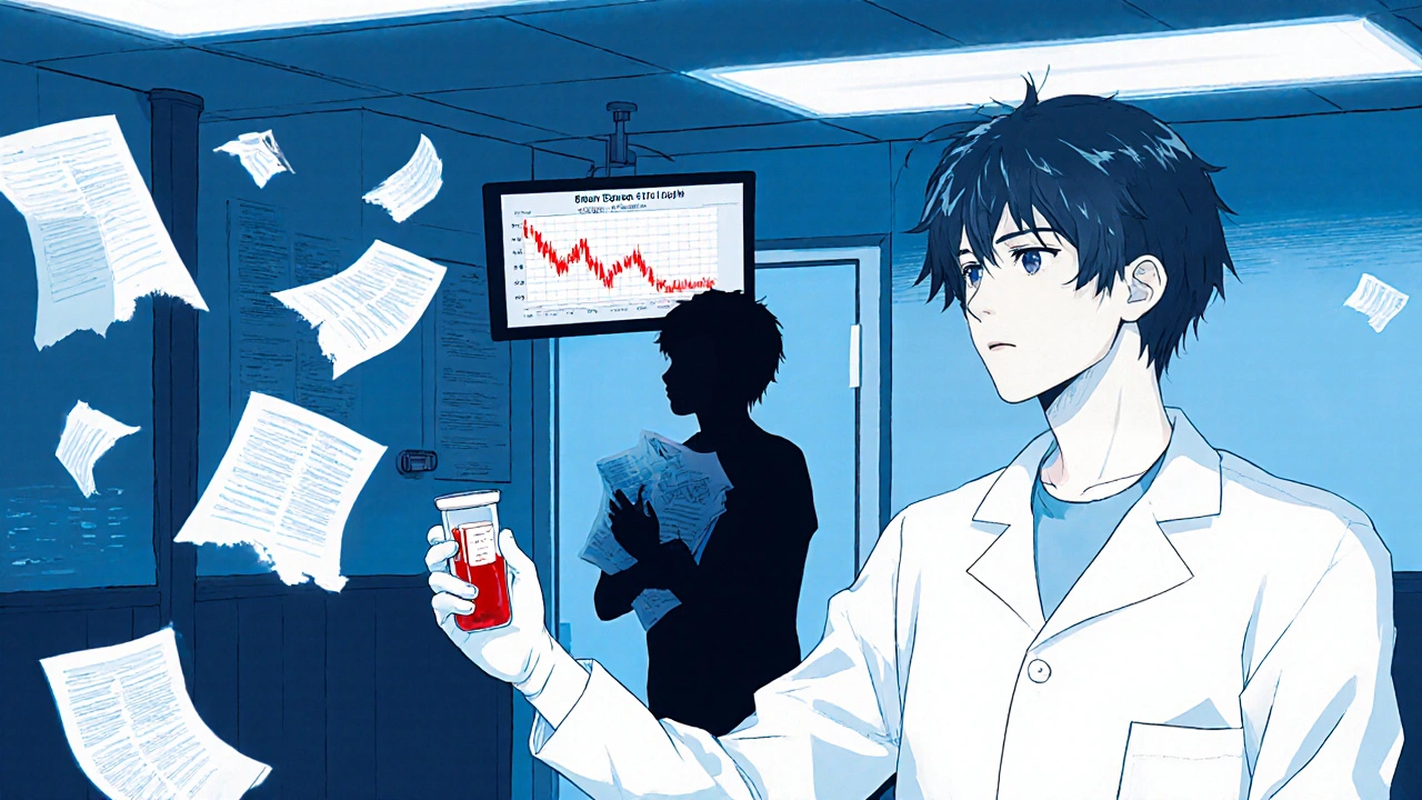 Lab technician with blood vial as TSH levels spike on monitor, patient&#039;s shadow in doorway.