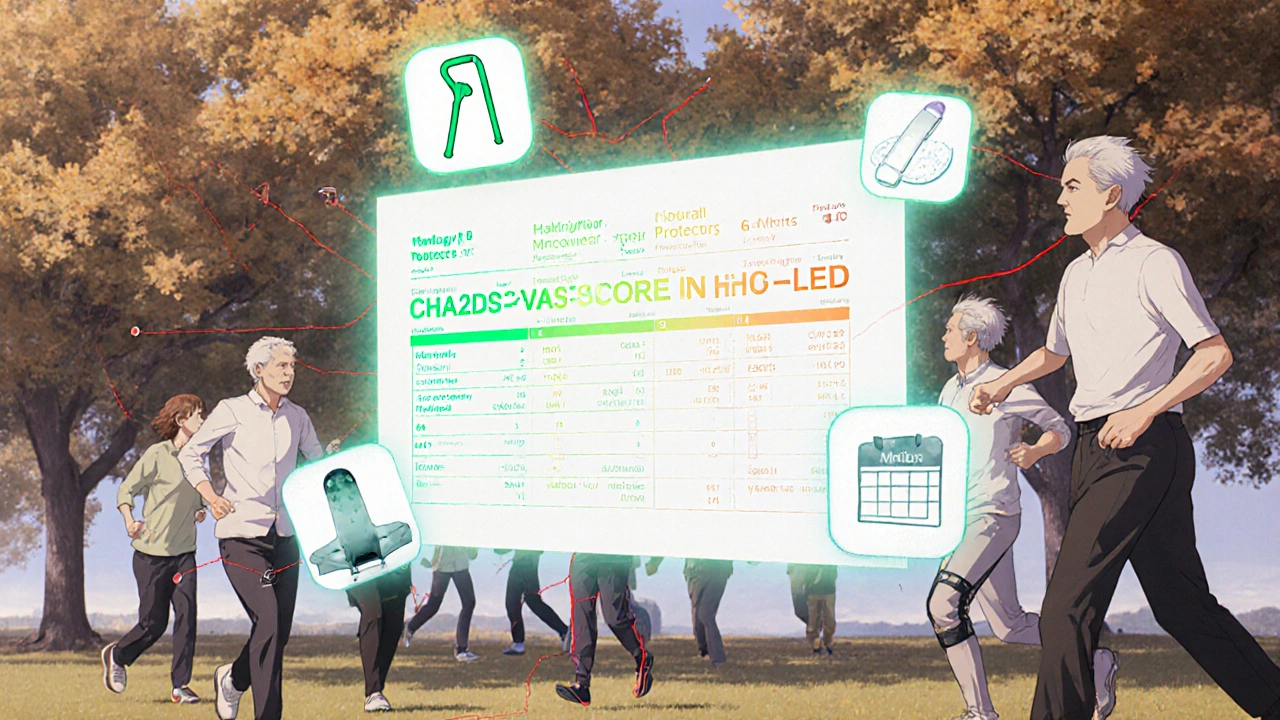 Medical score hologram with health icons, representing balanced stroke and fall risk management for seniors.