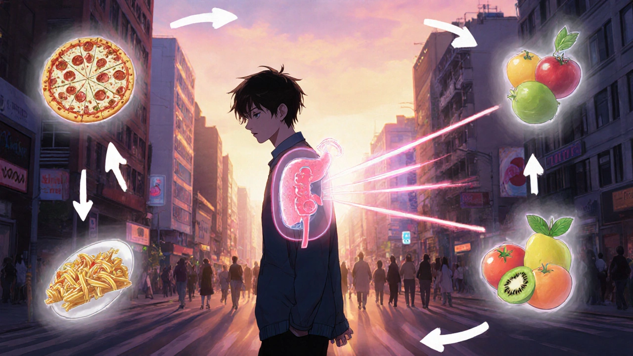 Person walking at dusk with insulin pump, shadow forming a pancreas emitting basal and bolus light.