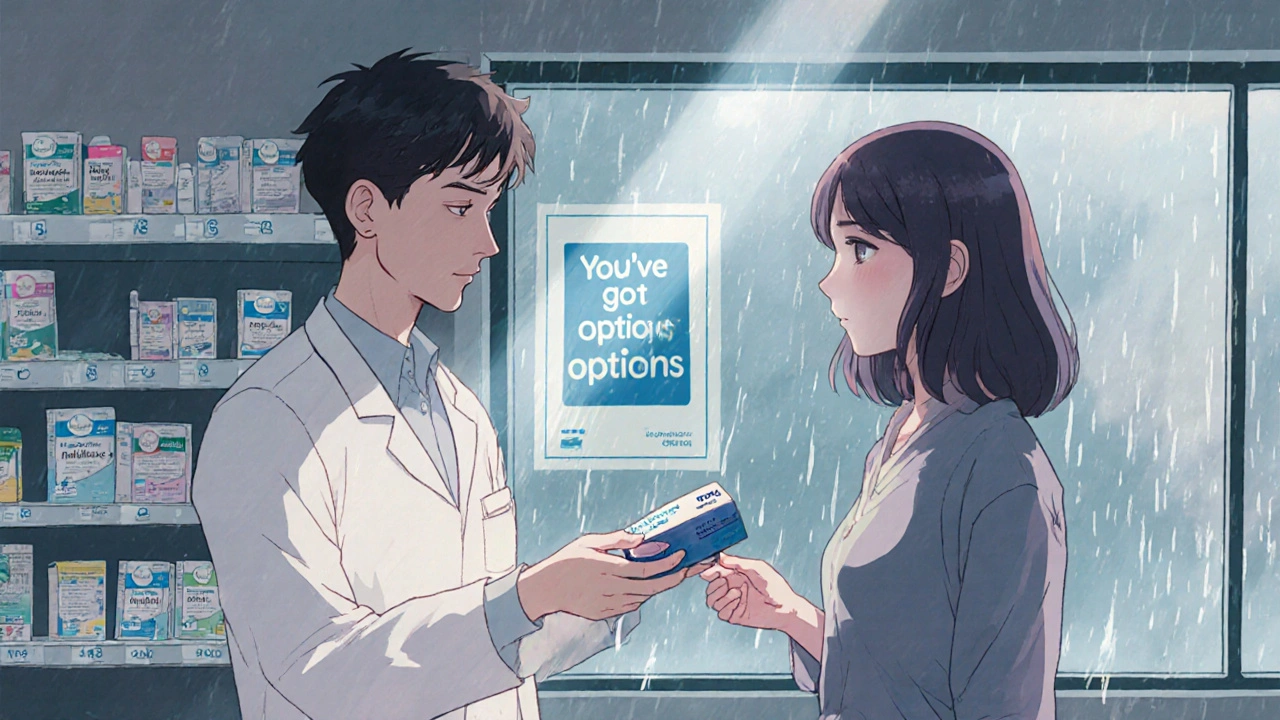 Pharmacist handing Nicotex gum to woman in UK pharmacy, patches and vapes visible on shelves.