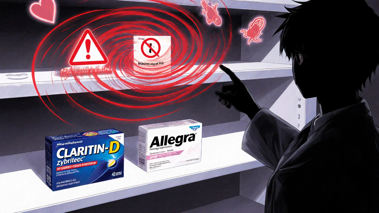 Pharmacy shelf with antihistamine packages, red warning symbols glowing over decongestant products, safe options highlighted.