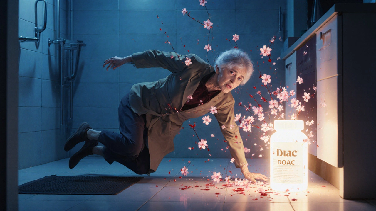 Senior woman falling safely in kitchen, protected by blood thinner medication and home safety features.