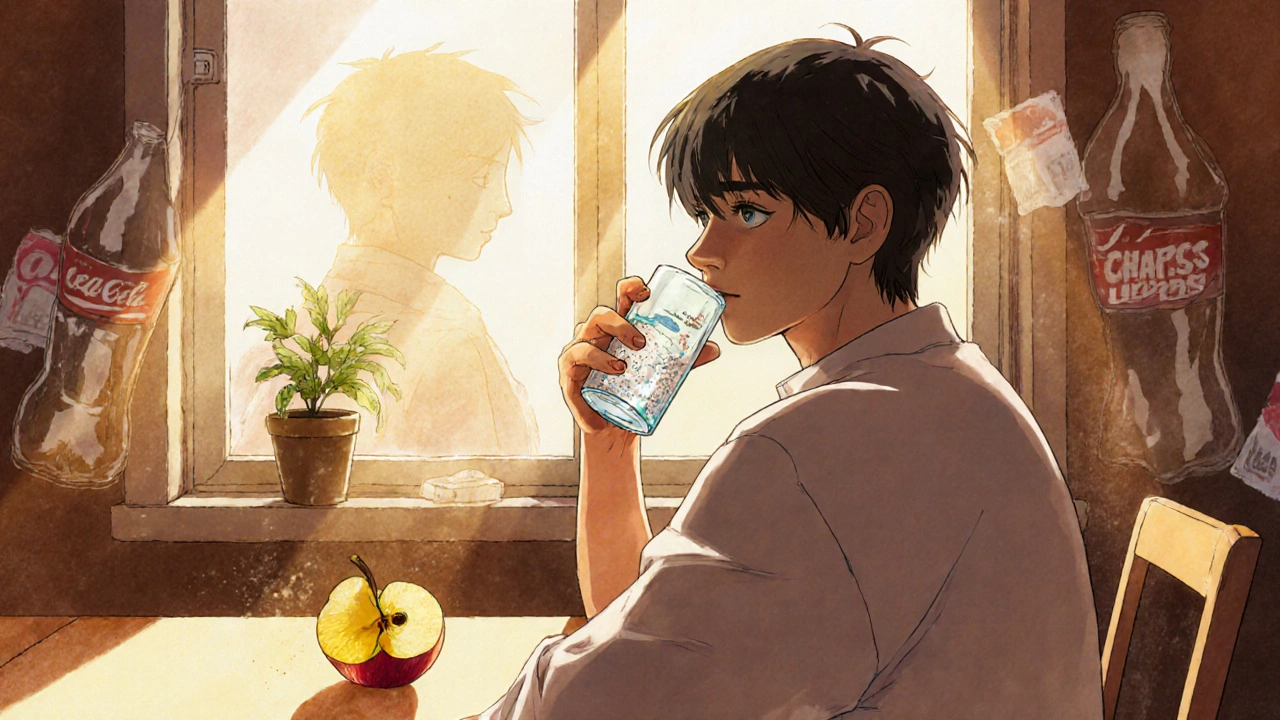 Someone drinking sparkling water with lemon, eating an apple, as ghostly sweetener packets fade away in the background.