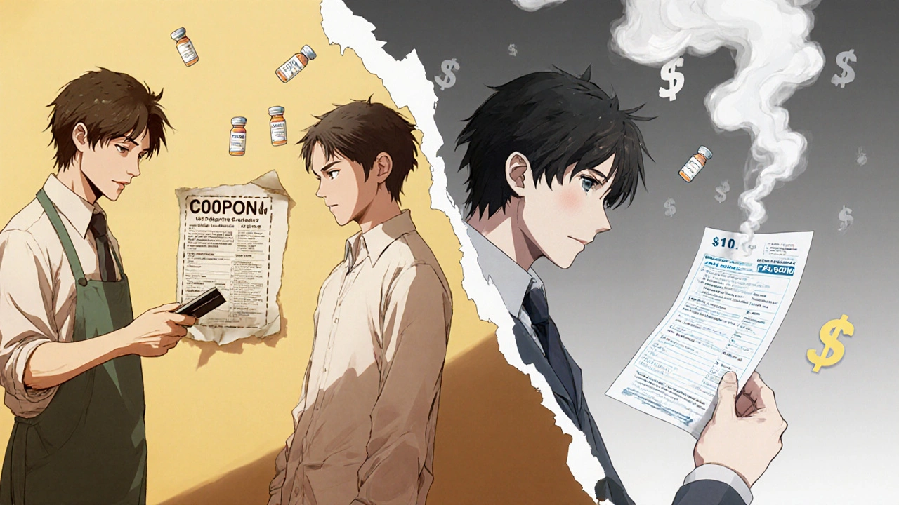 Split scene: a patient relieved at the pharmacy versus the same person facing a high bill later.