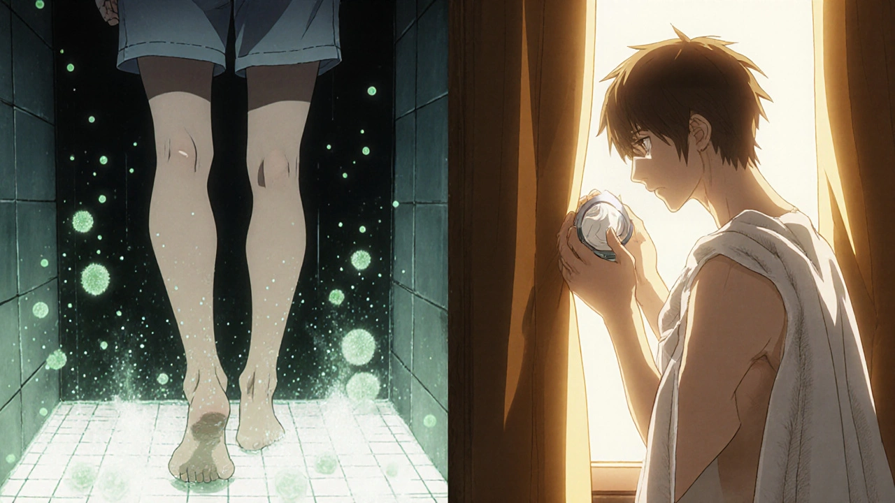 Split scene: barefoot in shower and applying antifungal cream.