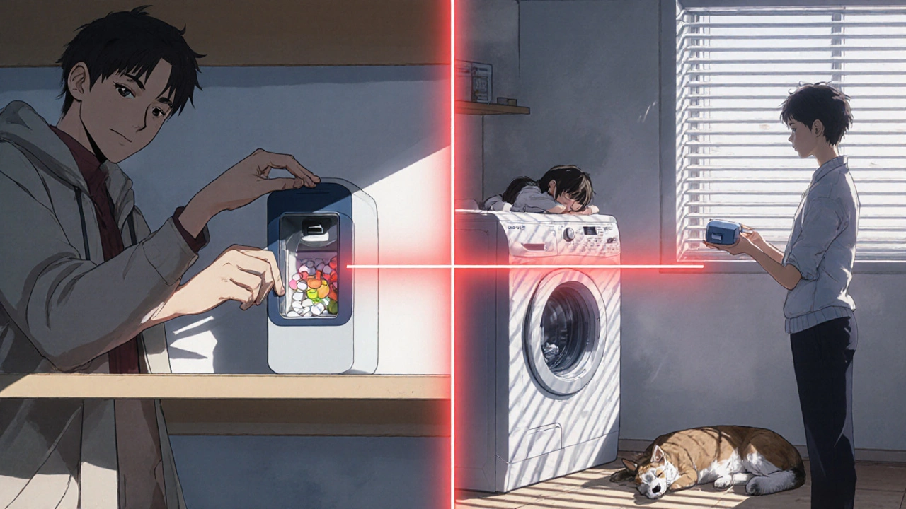 Split scene: family storing human and pet meds in separate locked boxes, child and cat sleeping safely.