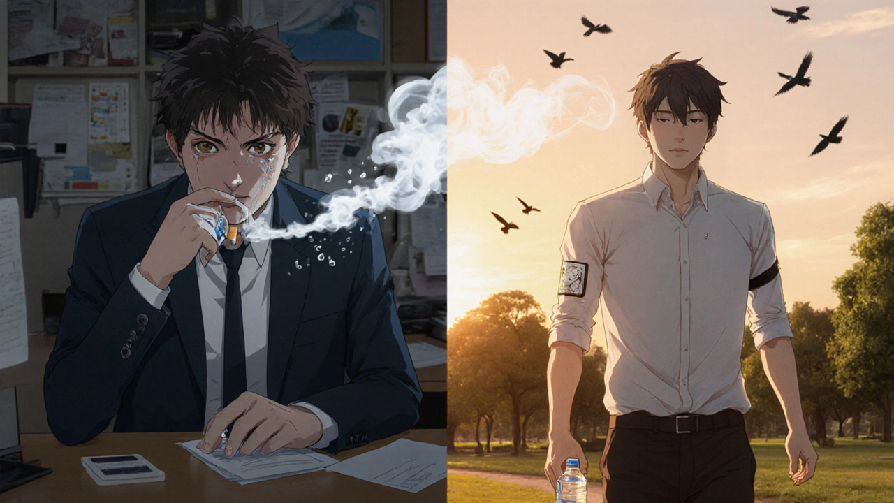 Split scene: man chewing gum at desk vs. same man walking peacefully in park at sunset.