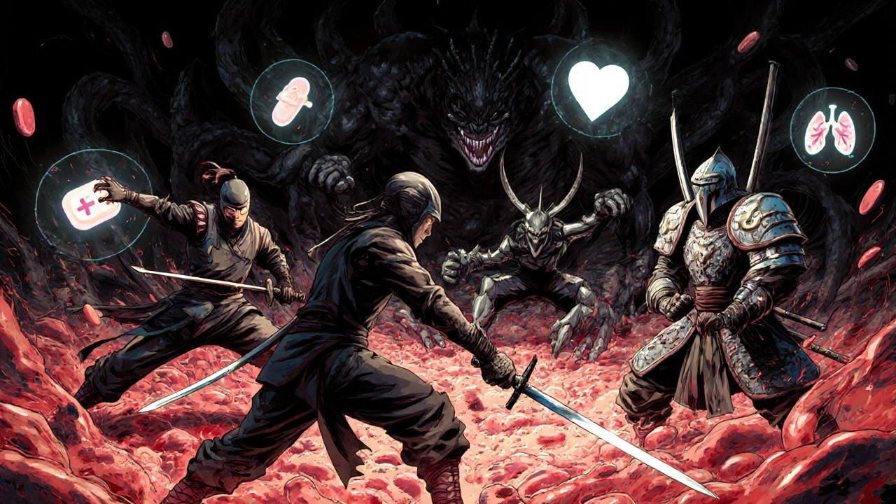 Symbolic battle of antibiotic warriors against resistant bacteria inside a human bloodstream, medical icons glowing.