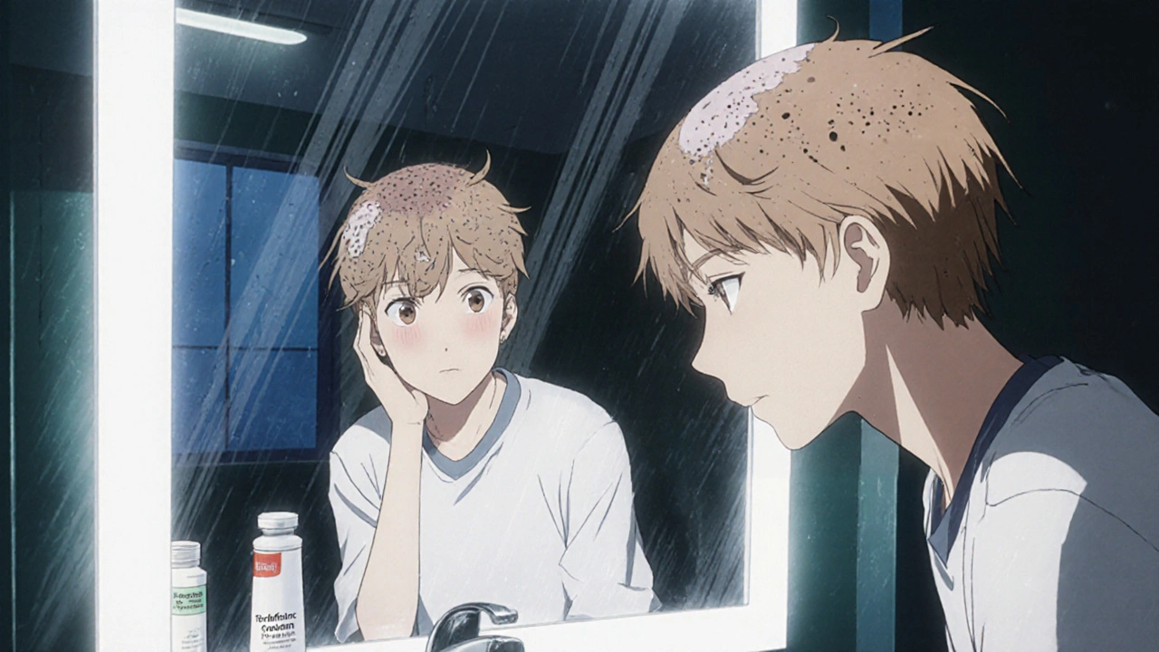 Teenager examining scalp for hair loss in bathroom mirror.