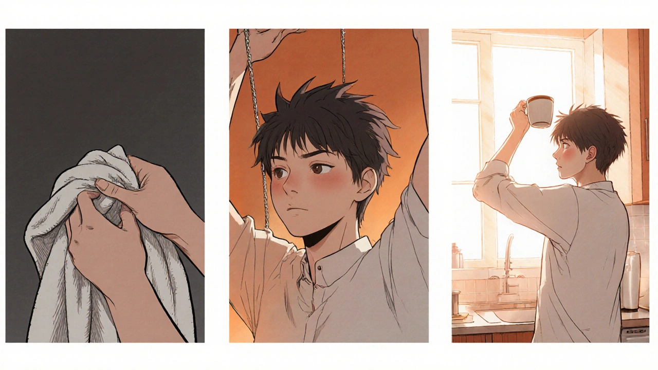 Three-panel visual of frozen shoulder recovery: heat, pendulum swings, and regaining overhead reach.