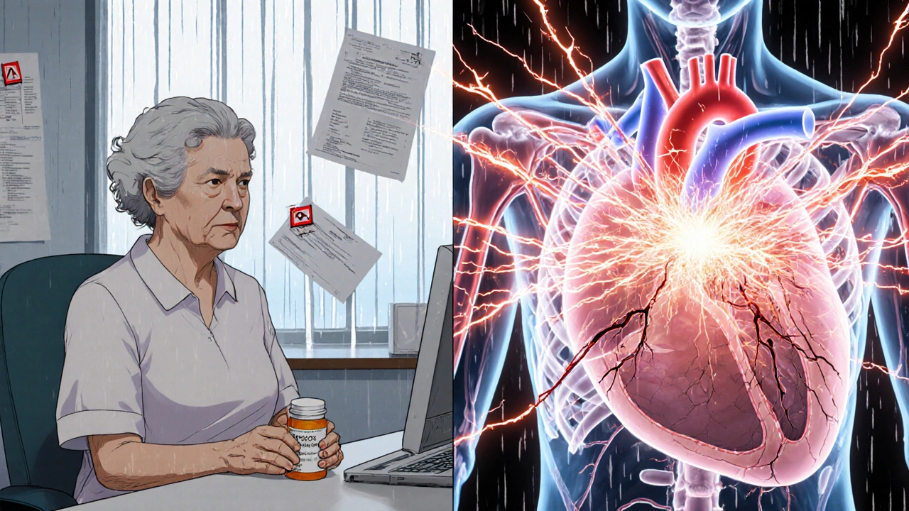 Woman holding antipsychotic prescription while her heart displays life-threatening arrhythmia.