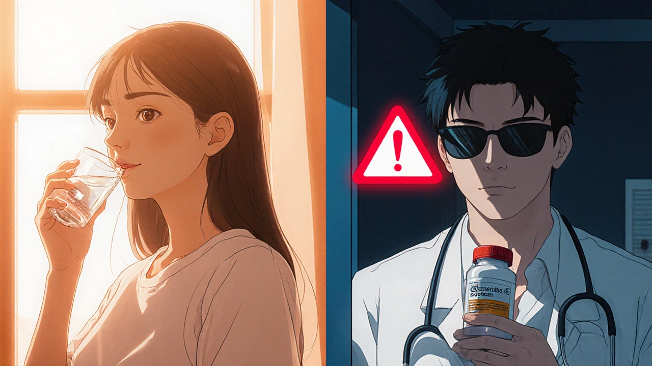 Woman taking azithromycin in sunlight, man receiving doxycycline with sunglasses indoors due to sun sensitivity.