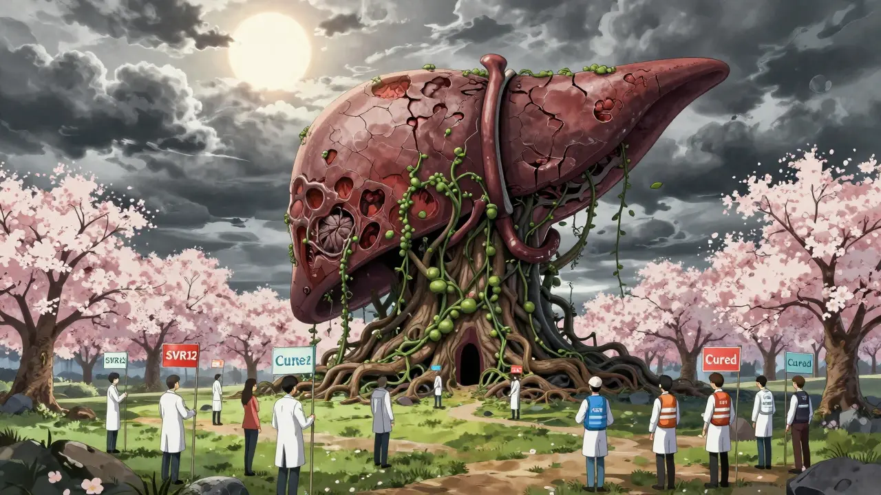 A crumbling liver tower is overtaken by blossoms and healing flags under a rising sun.