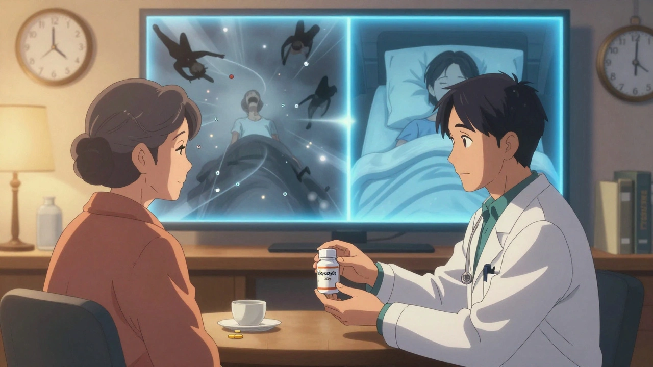 A doctor giving low-dose doxepin to an elderly woman, with contrasting visions of dangerous side effects versus peaceful sleep.