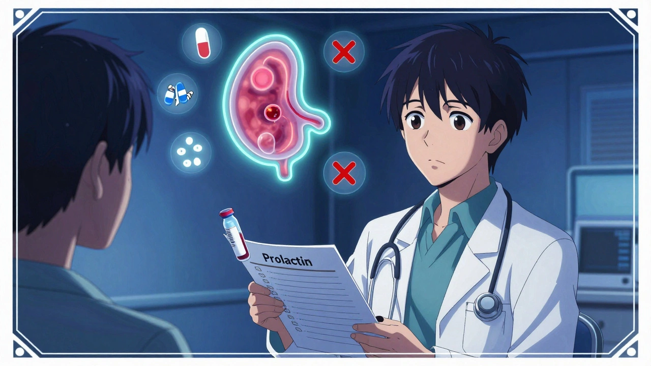 A doctor holding a blood vial beside a glowing pituitary tumor and medication icons in a hospital setting.