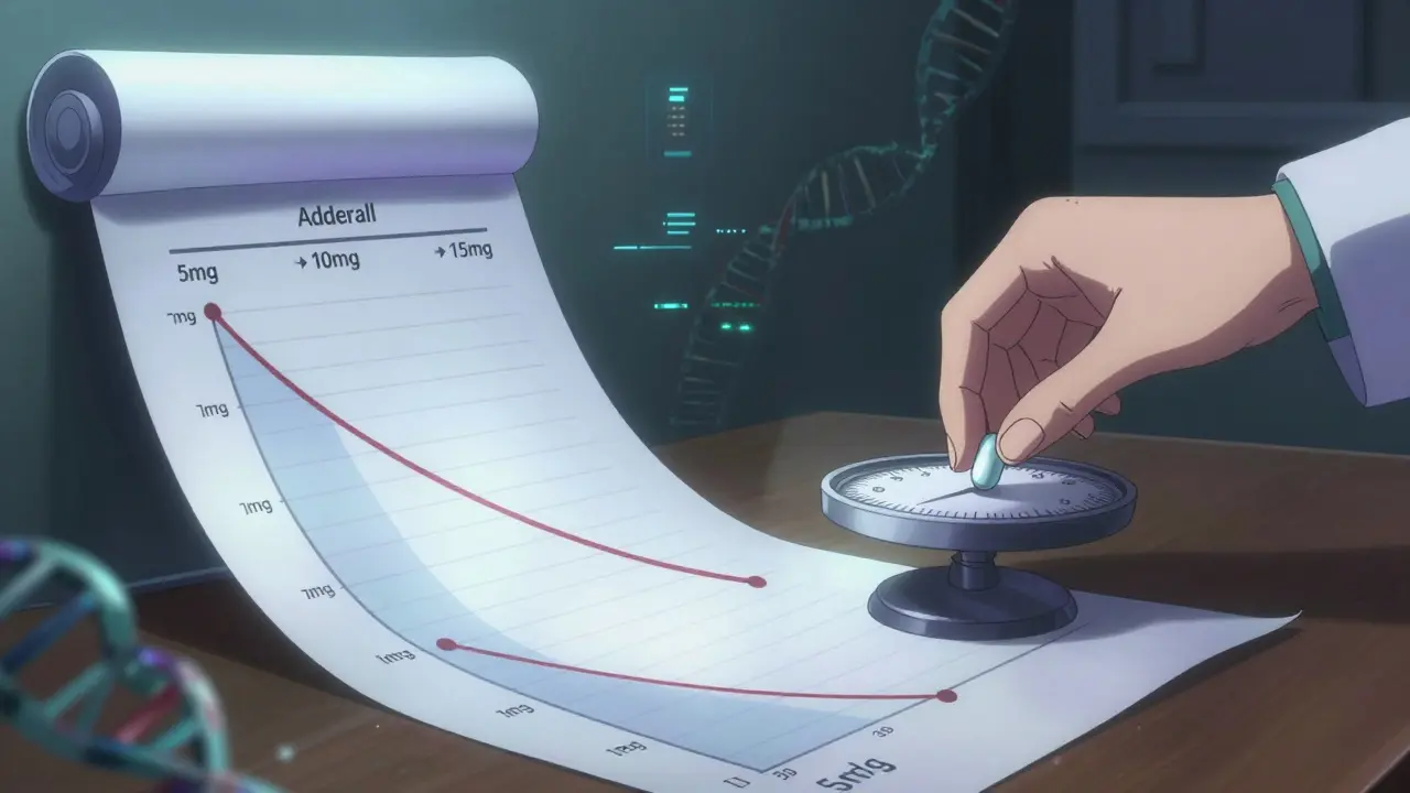 A medical timeline chart showing gradual dose increases with declining side effects, illuminated in a dim room.