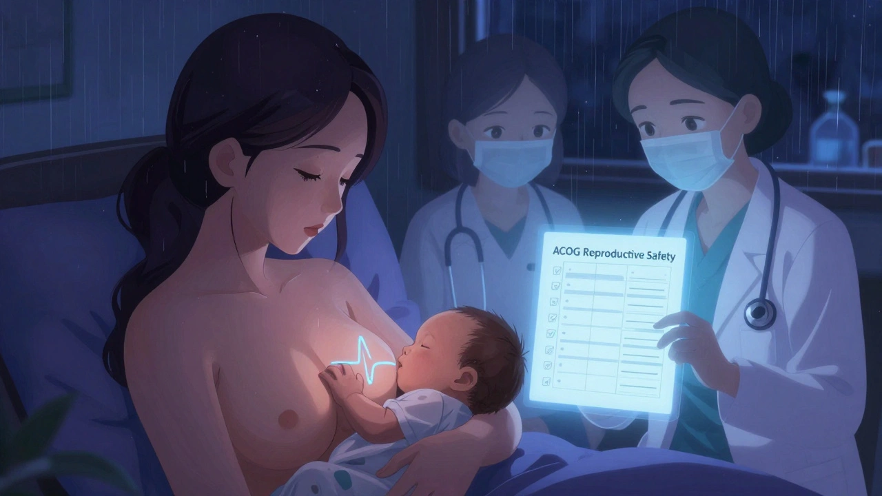 A mother breastfeeding with guardian figures of her doctors holding a safety checklist, symbolizing coordinated postpartum care.