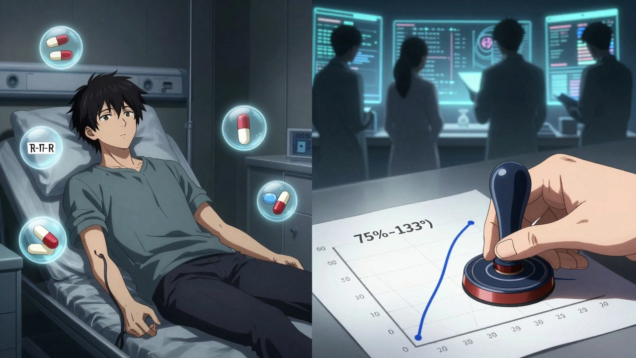 A participant undergoing multiple blood draws with floating pill icons, regulator stamping approval over widened bioequivalence limits.