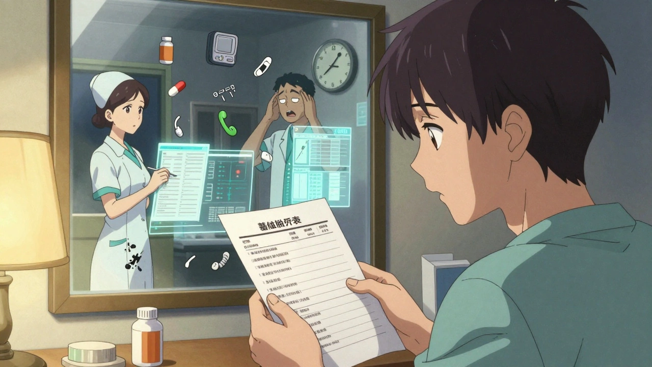 A patient at home sees ghostly hospital staff arguing over a malfunctioning electronic health record.