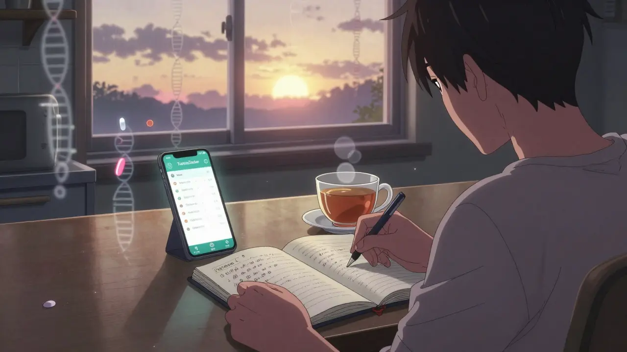A patient journaling morning symptoms with an AI titration app glowing beside a cup of tea at sunrise.