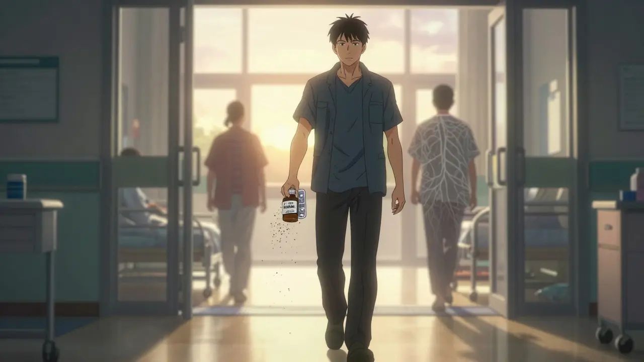 A patient leaving the hospital with a post-op pain management pill organizer as opioid bottles dissolve behind them.