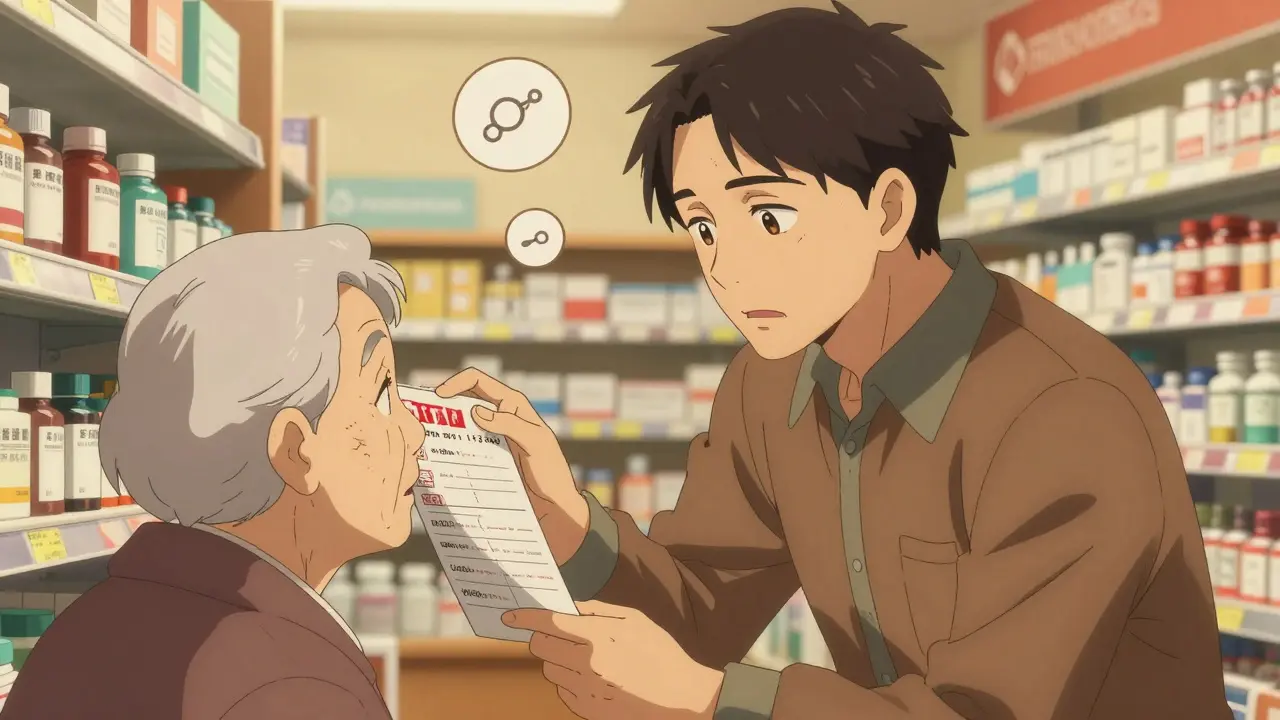 A pharmacist advising an elderly patient on medication choices in a UK pharmacy.