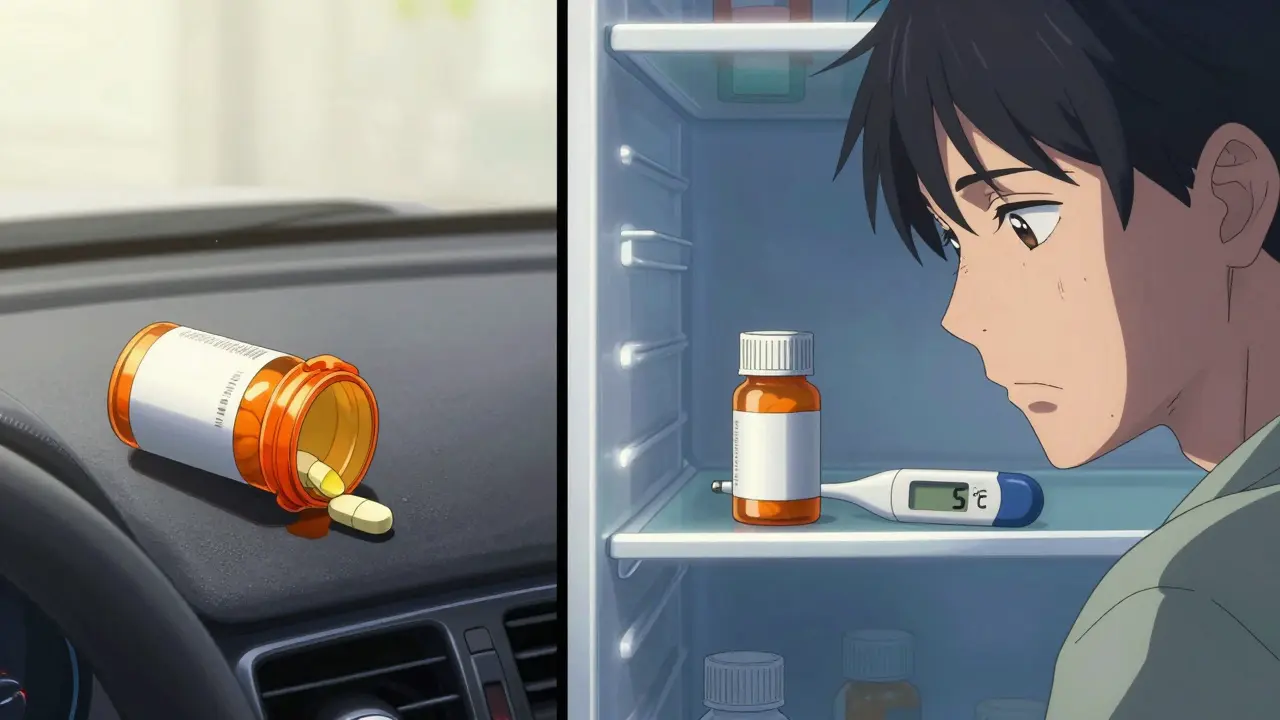 A pill bottle melting in a hot car versus safely stored in a fridge.