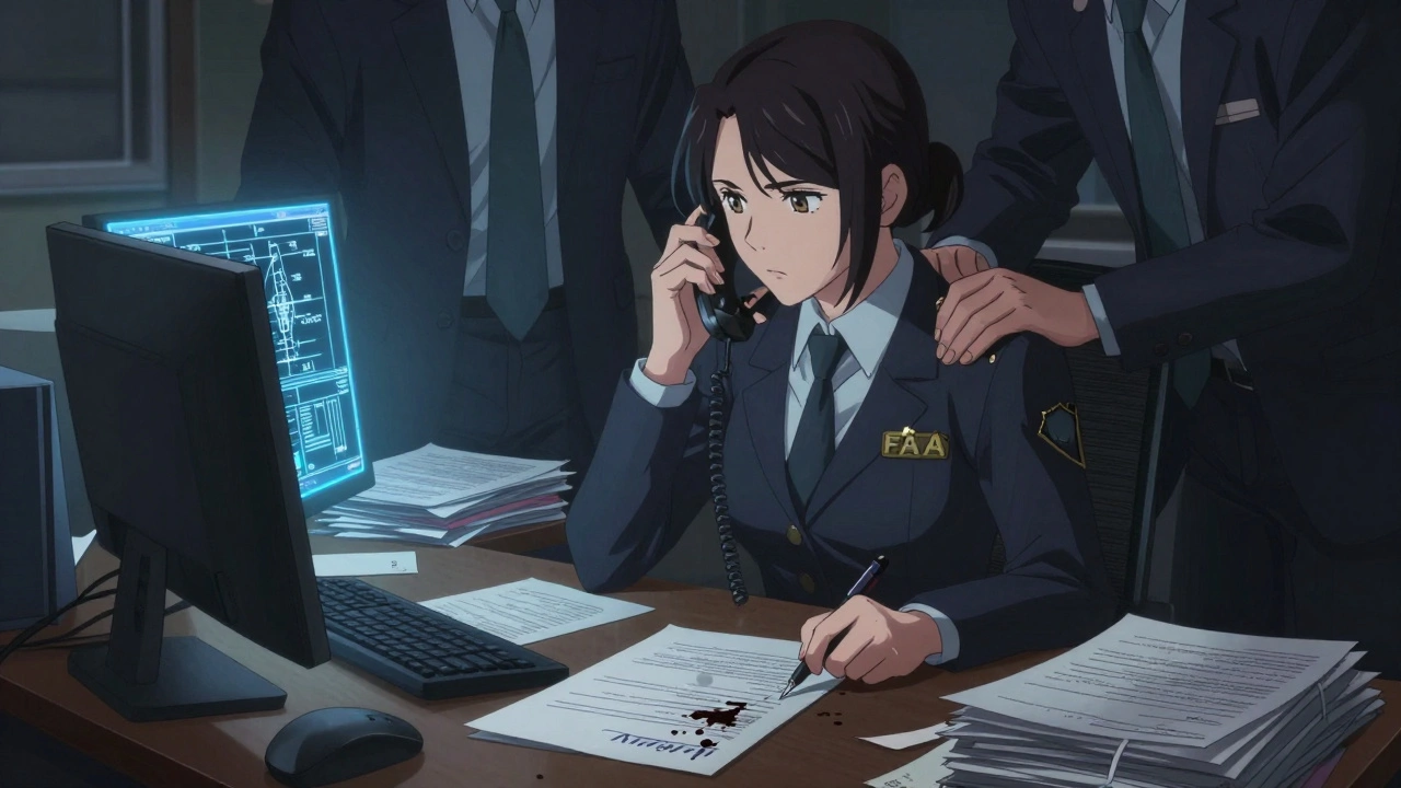 A regulator overwhelmed by corporate whispers as she approves unsafe aircraft schematics, her badge cracked.