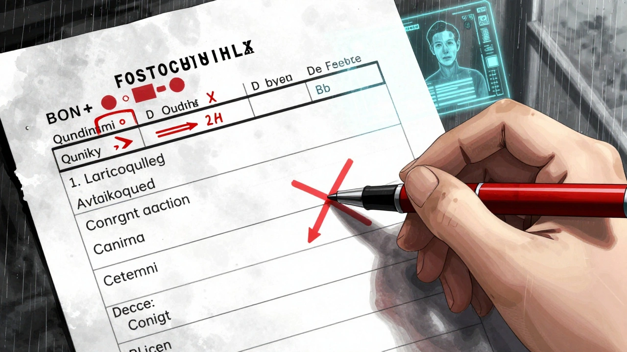 A torn discharge summary with digital glitches and a pharmacist crossing out a dangerous duplicate drug.