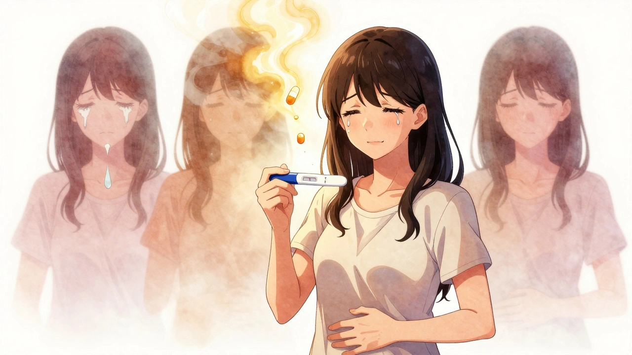 A woman holding a pregnancy test as her past struggles fade away, symbolizing hormonal recovery and hope.