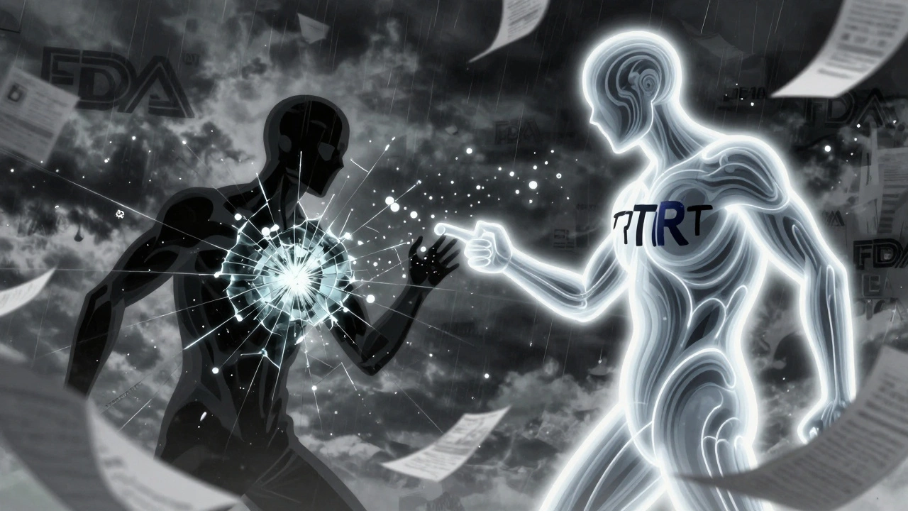 Abstract battle between failed and successful crossover study designs, with glowing curves and falling data points under regulatory symbols.
