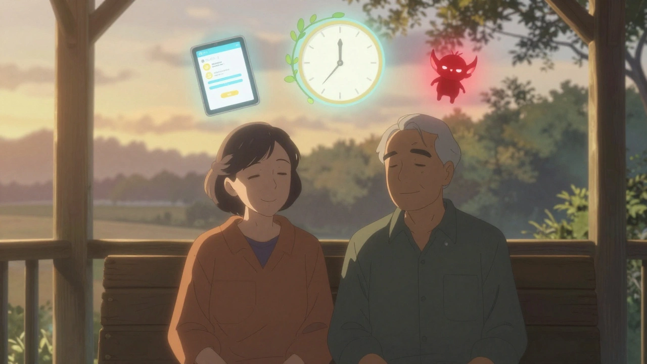 An elderly couple on a porch at dawn, surrounded by symbolic icons of safe sleep therapies, no medication visible, bathed in morning light.