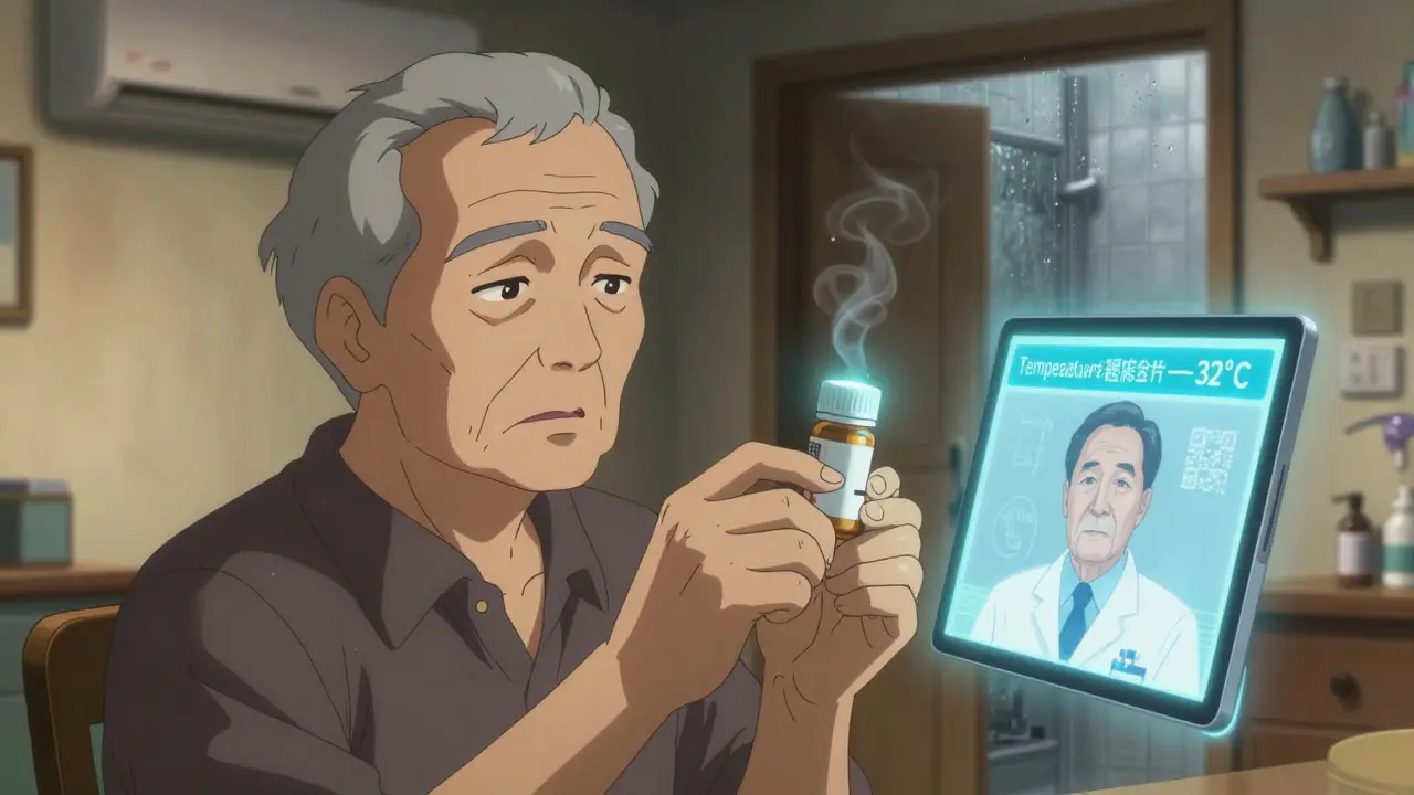 An elderly person viewing a holographic temperature warning on a medication QR code.
