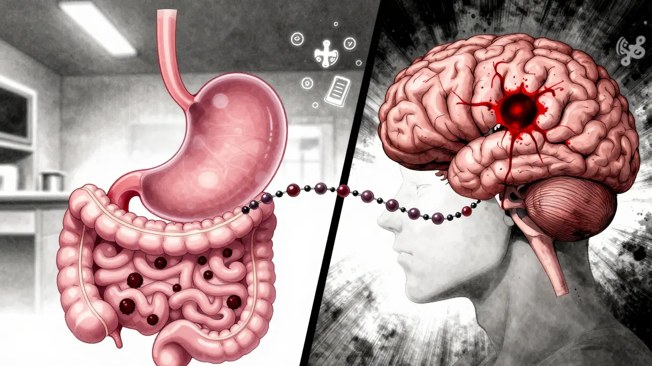 Anatomical illustration of stomach and brain showing internal bleeding caused by drug interaction, rendered in translucent detail.