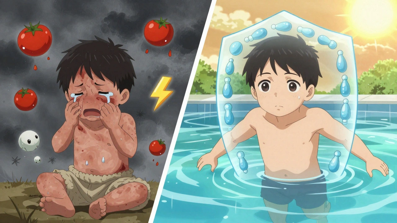 Before and after: child with eczema transforming from scratching under wool to swimming happily.