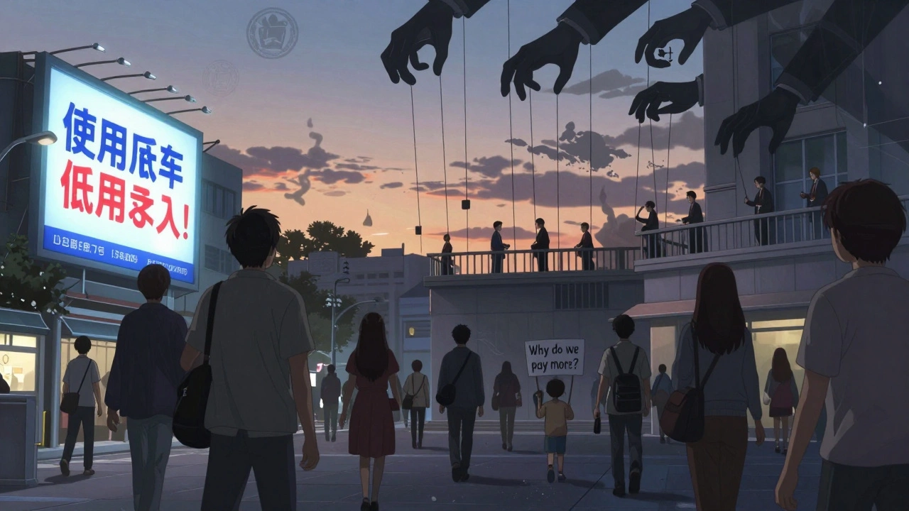 Citizens unaware as corporate hands pull strings of government officials above a silent public square.