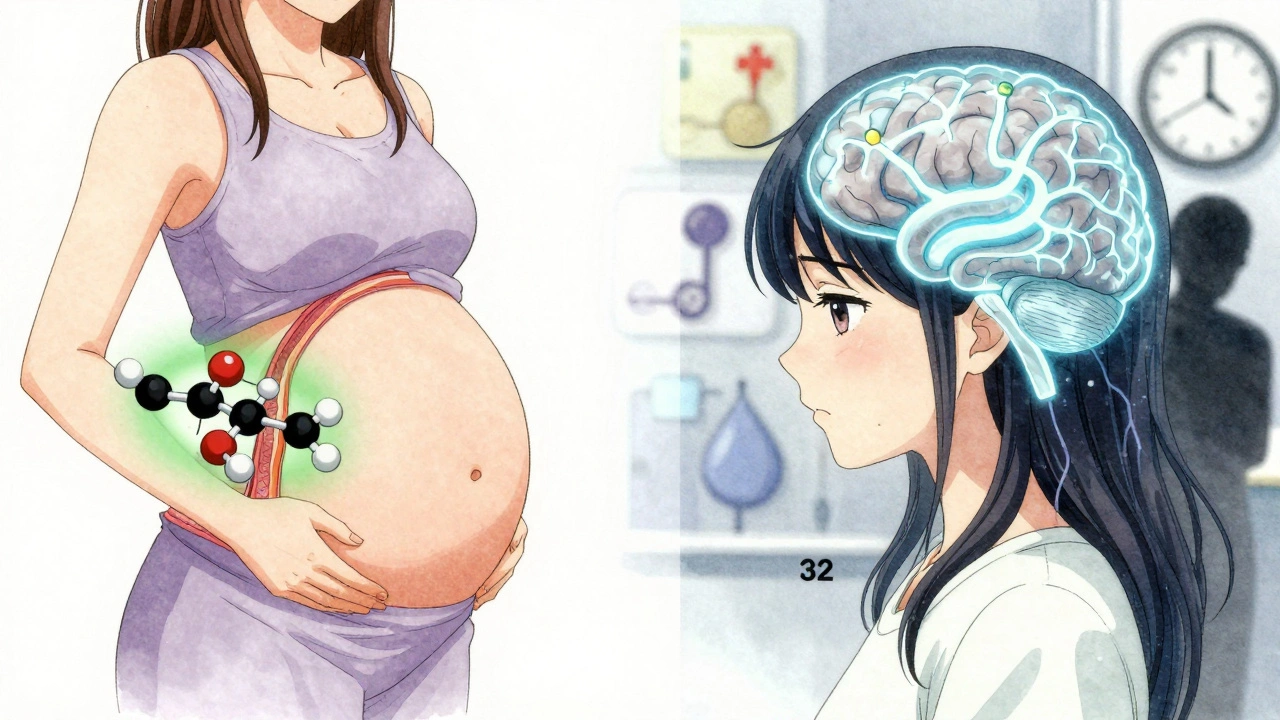 Cross-section of a pregnant woman’s body showing safe medication transfer and calm brain activity during late pregnancy.