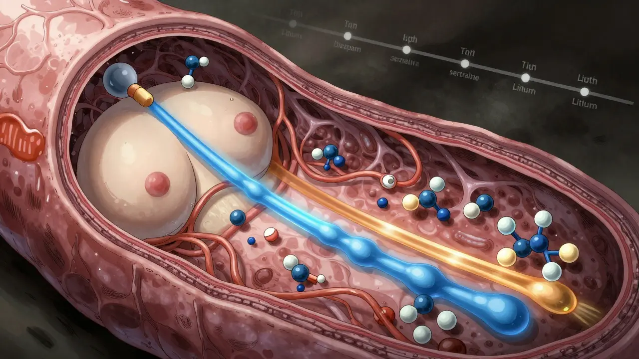 Cross-section of breast tissue showing medication molecules moving from blood to milk.