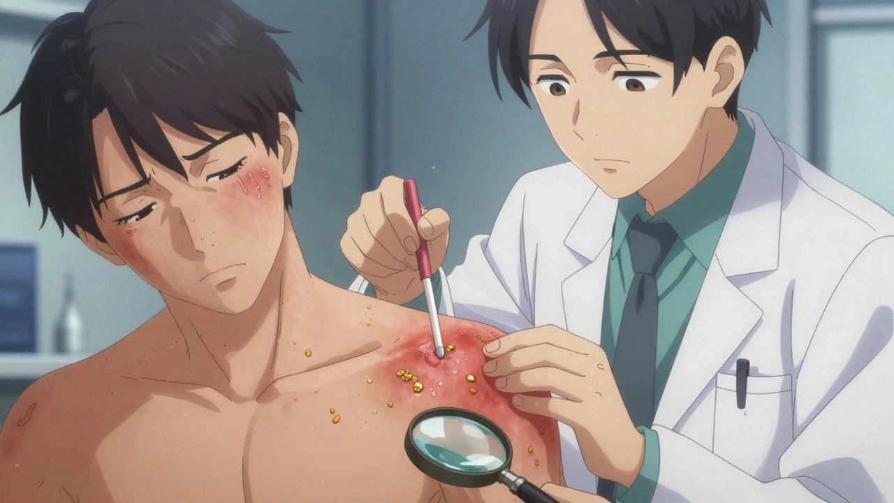 Dermatologist examining infected eczema rash with a swab, patient showing concern.