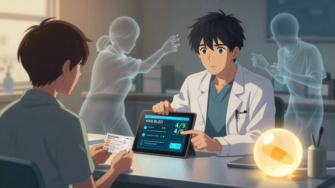 Doctor and patient discussing bleeding risk score, with a prescription for a safer antidepressant on the table.