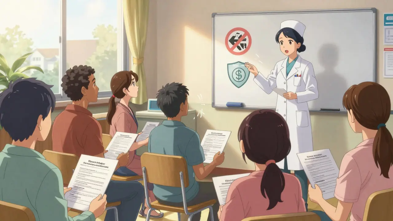 Group of patients learning their rights to brand-name drugs from a nurse in a community setting.