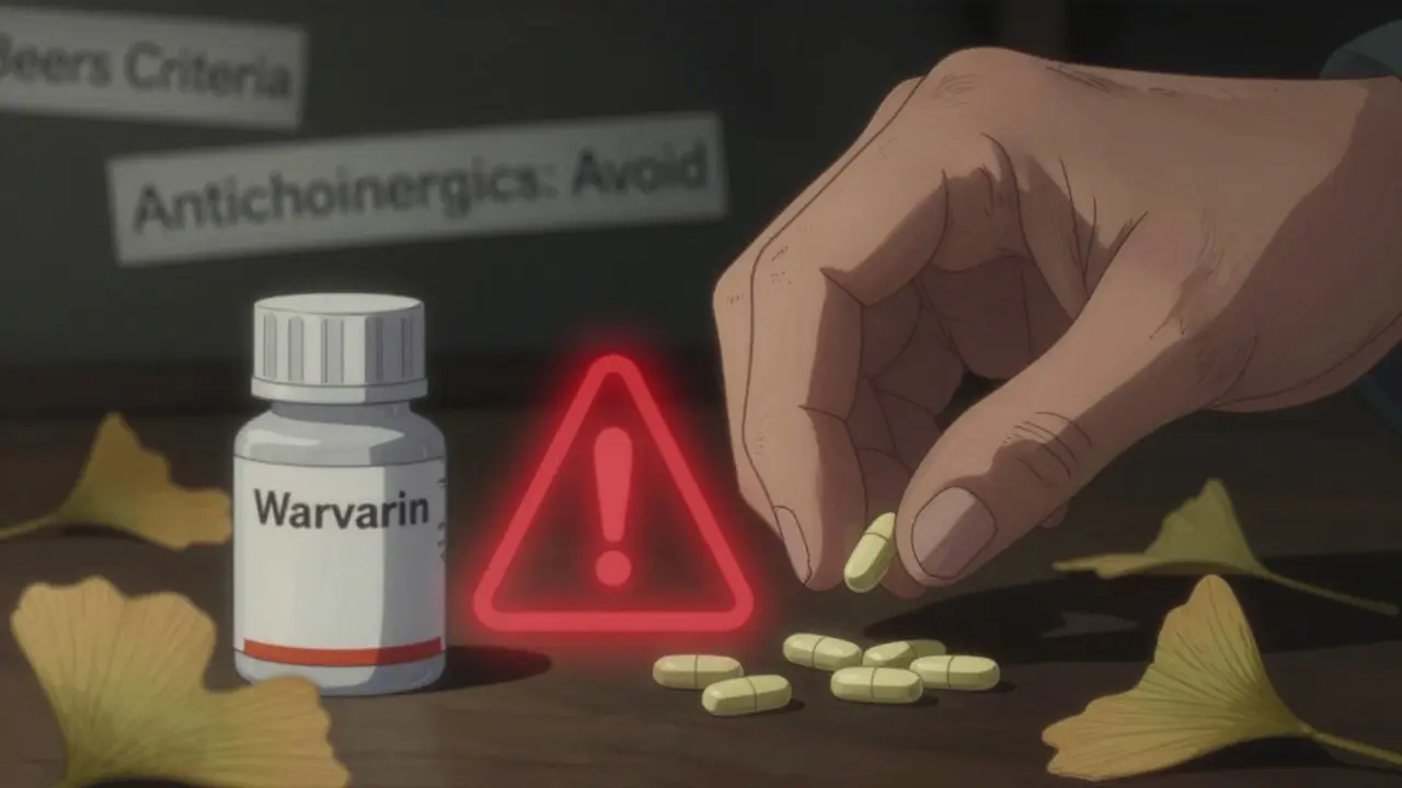 Hand placing herbal supplement next to blood thinner with a glowing warning symbol above.